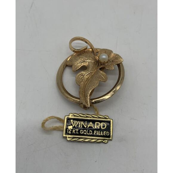 Vintage Winard 12 KT Gold Filled Cultured Pearl Leaf Brooch With Hang Tag - Picture 1 of 4